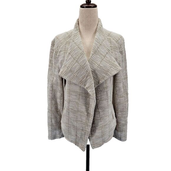 Calvin Klein Women's M Beige Slub Knit Flyaway Open Blazer Jacket Zip Pocket EUC - Picture 1 of 14